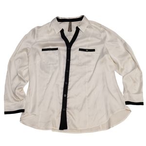 Penningtons Shiny White Button Down Top with Black Edging